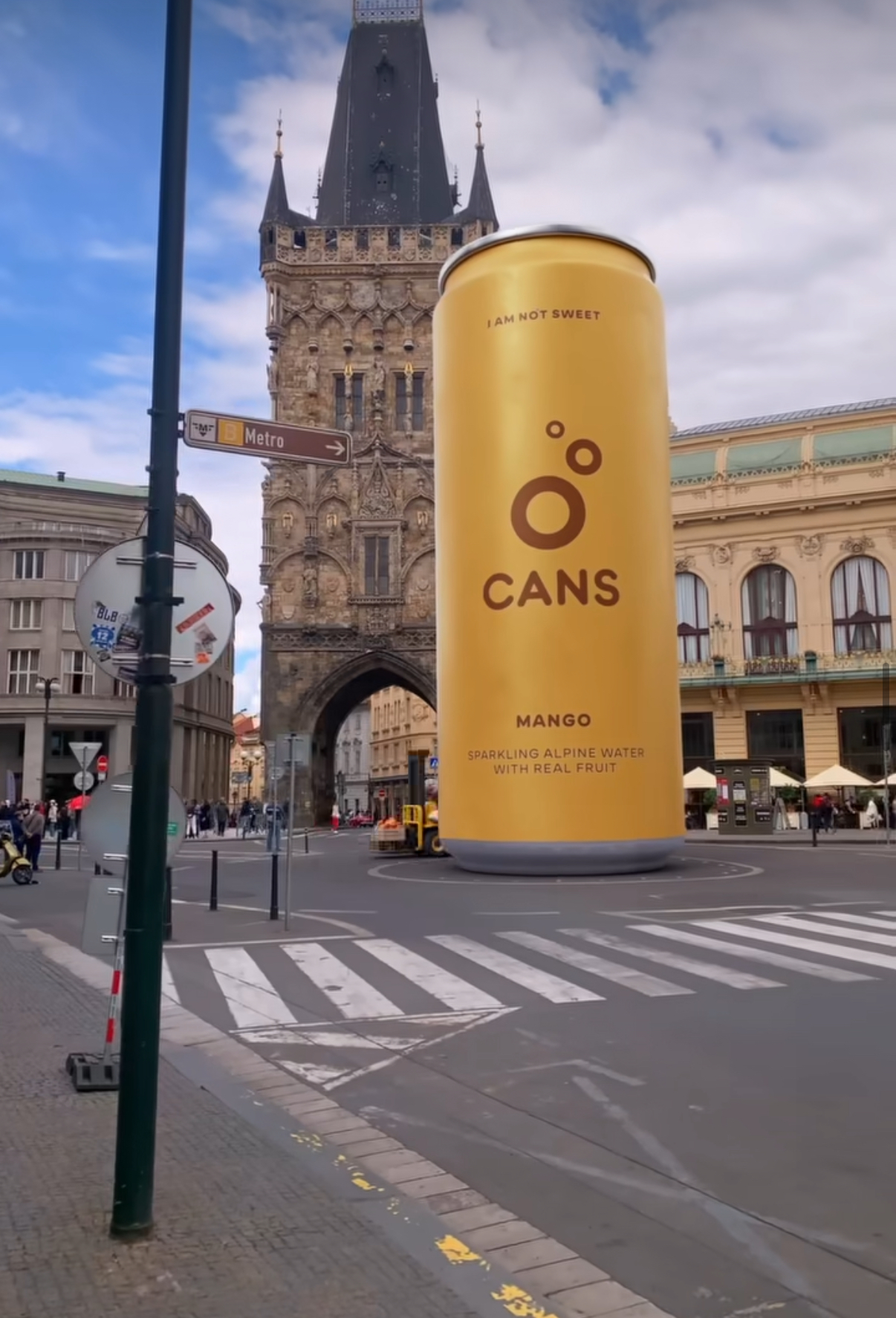 Larger-than-life CANS sparkling water billboard installation in central Prague